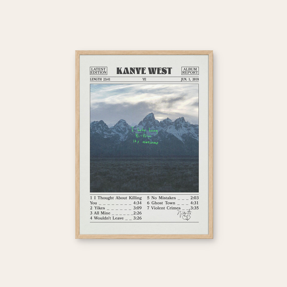 Kanye West Ye album poster — natural wood frame