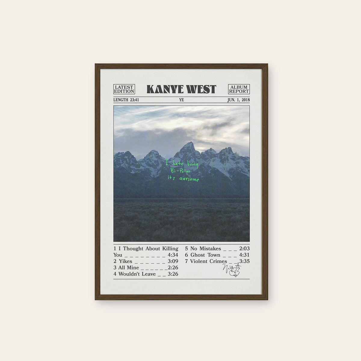 Kanye West Ye album poster — dark wood frame