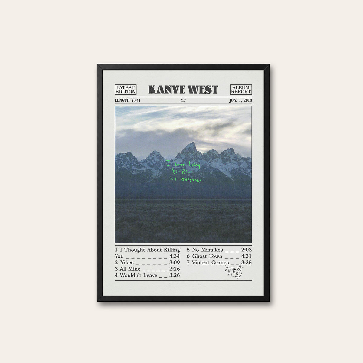 Kanye West Ye album poster — black frame