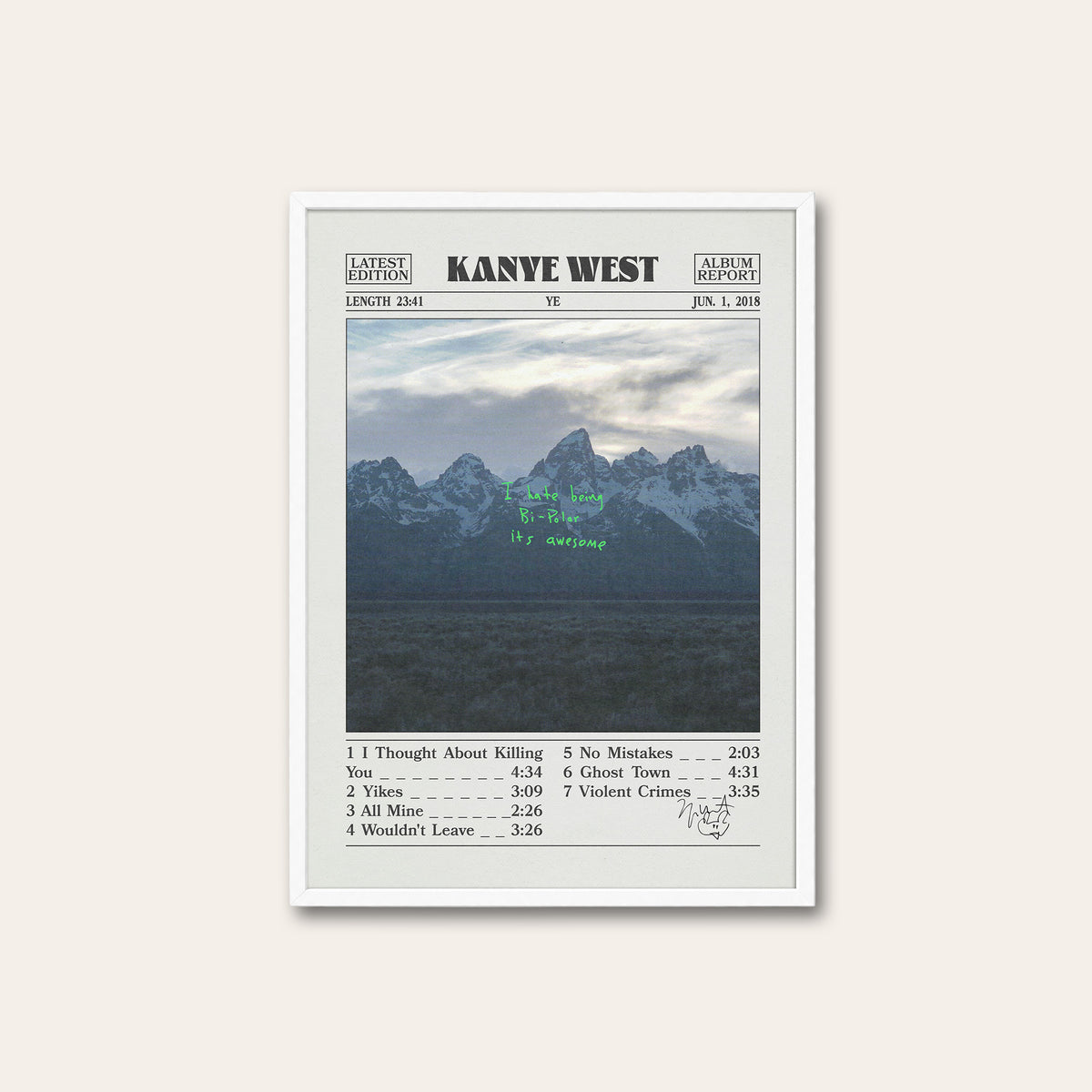 Kanye West Ye album poster — white frame