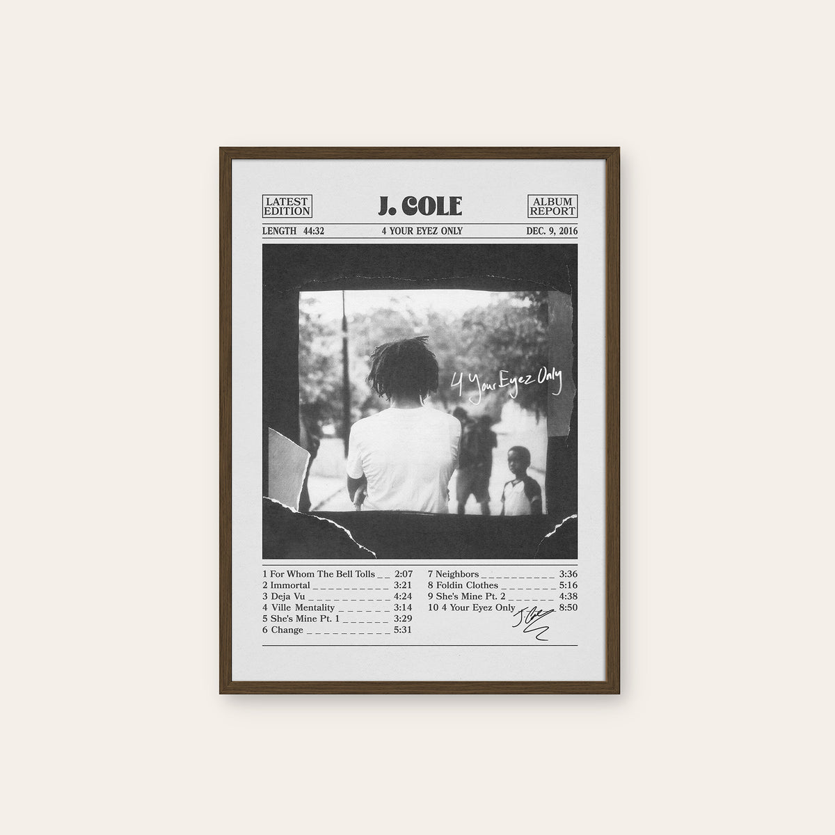 J. Cole 4 Your Eyez Only album poster — dark wood frame