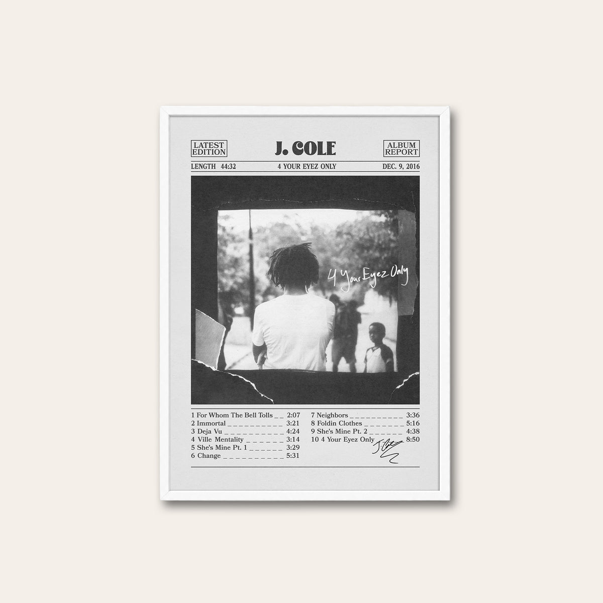 J. Cole 4 Your Eyez Only album poster — white frame