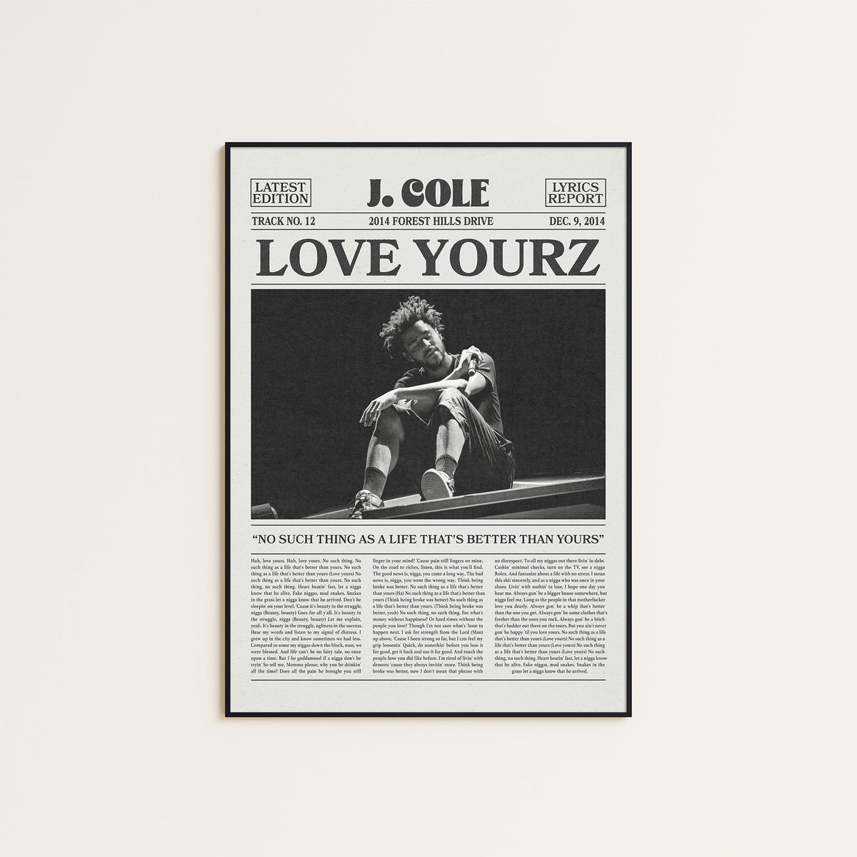 J. Cole Love Yourz newspaper poster — black frame display