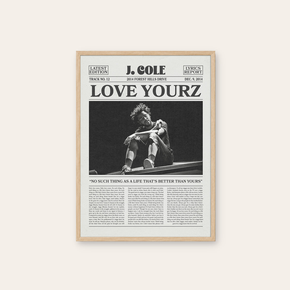 J. Cole Love Yourz newspaper poster — natural wood frame