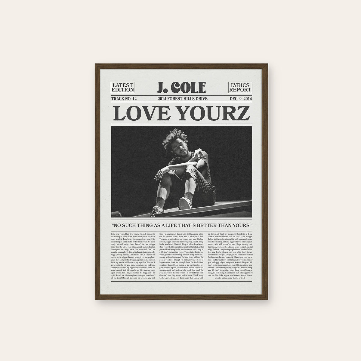 J. Cole Love Yourz newspaper poster — dark wood frame