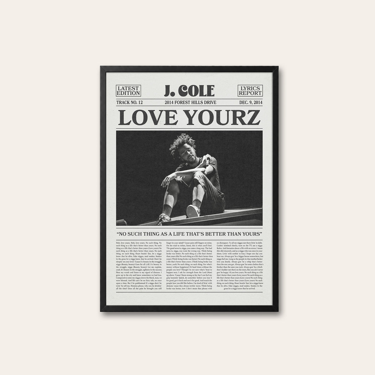 J. Cole Love Yourz newspaper poster — black frame