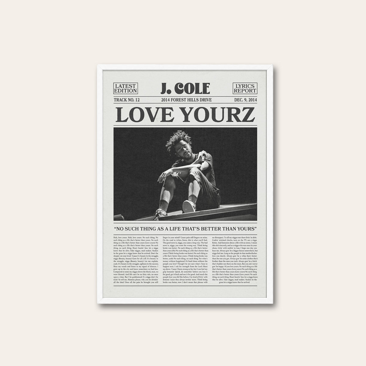 J. Cole Love Yourz newspaper poster — white frame