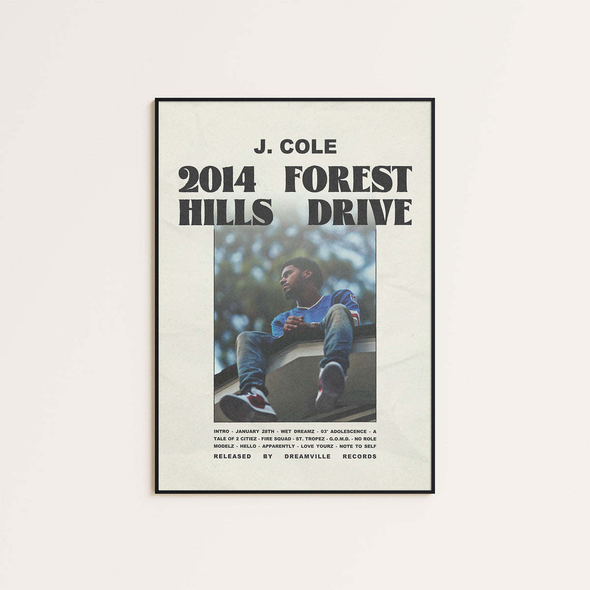 J. Cole 2014 Forest Hills Drive album poster — black frame display