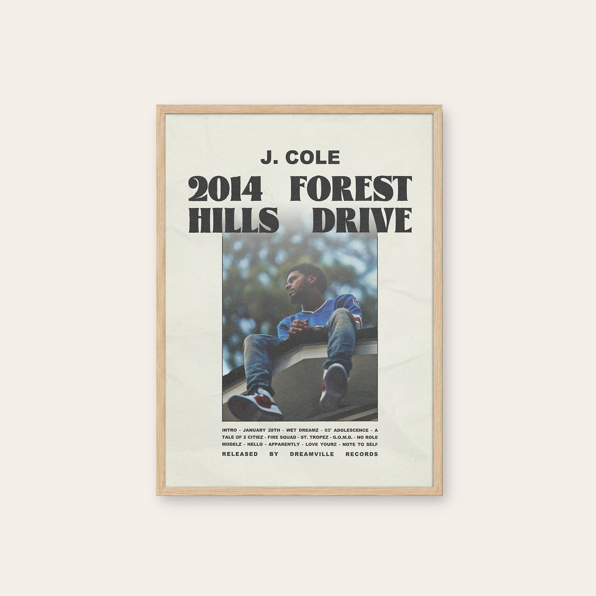 J. Cole 2014 Forest Hills Drive album poster — natural wood frame