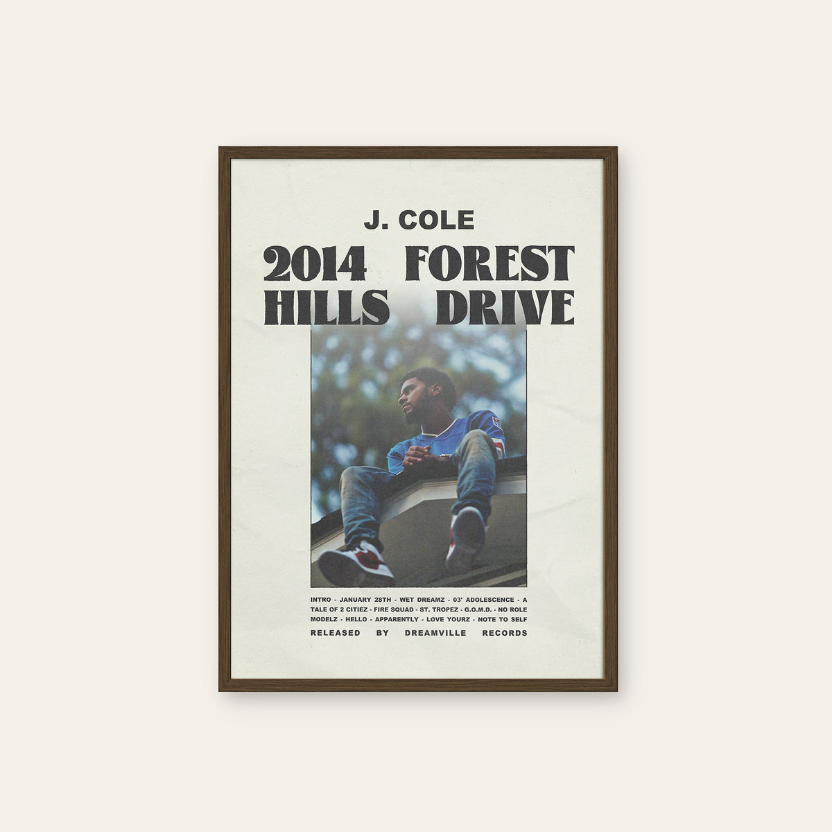 J. Cole 2014 Forest Hills Drive album poster — dark wood frame
