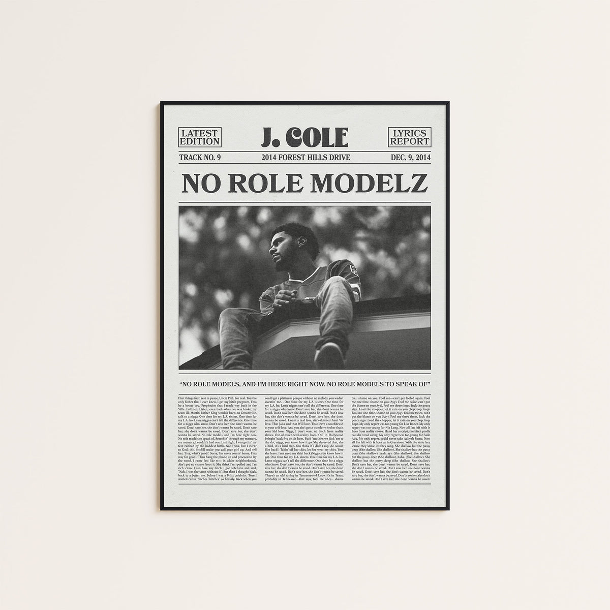 J. Cole No Role Modelz newspaper poster — black frame display