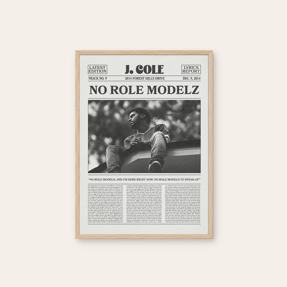 J. Cole No Role Modelz newspaper poster — natural wood frame