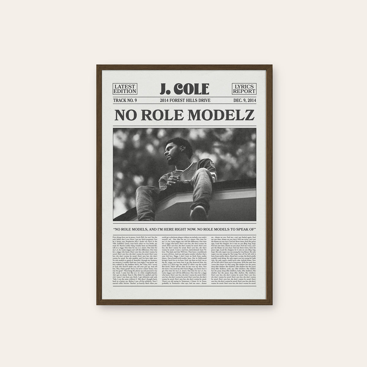 J. Cole No Role Modelz newspaper poster — dark wood frame