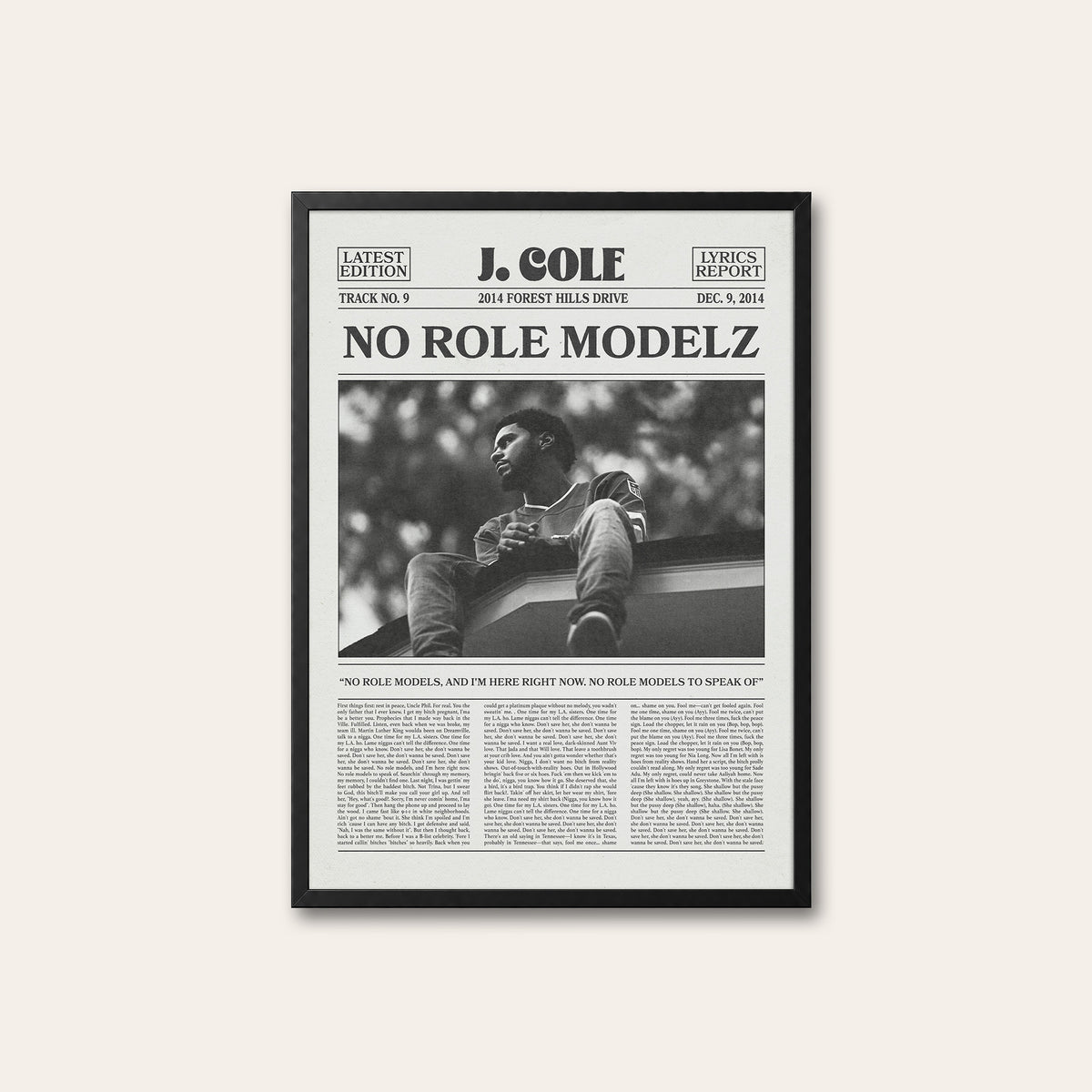 J. Cole No Role Modelz newspaper poster — black frame