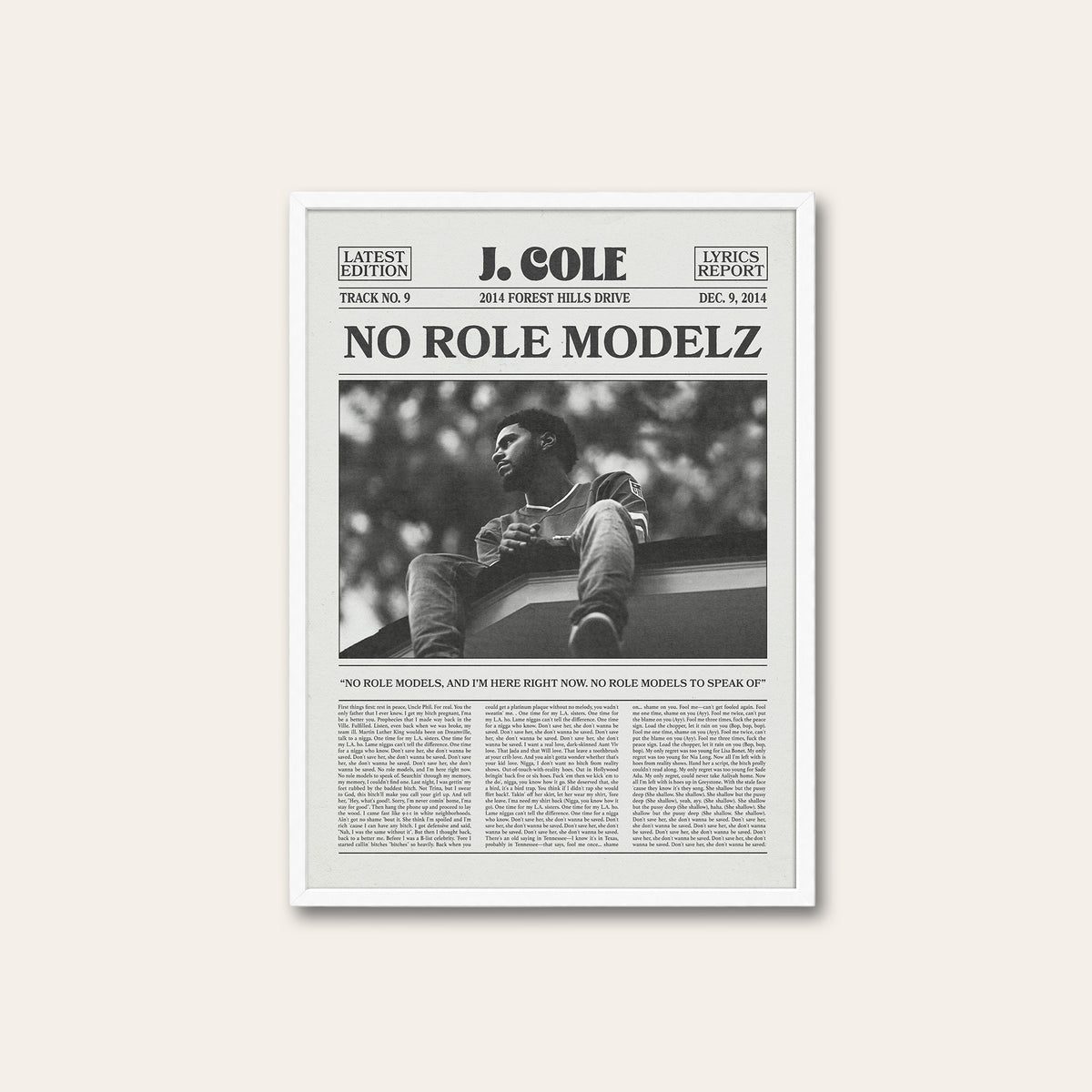 J. Cole No Role Modelz newspaper poster — white frame