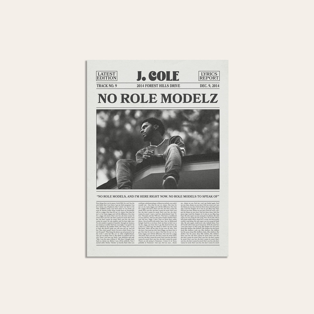 J. Cole No Role Modelz newspaper poster — unframed print