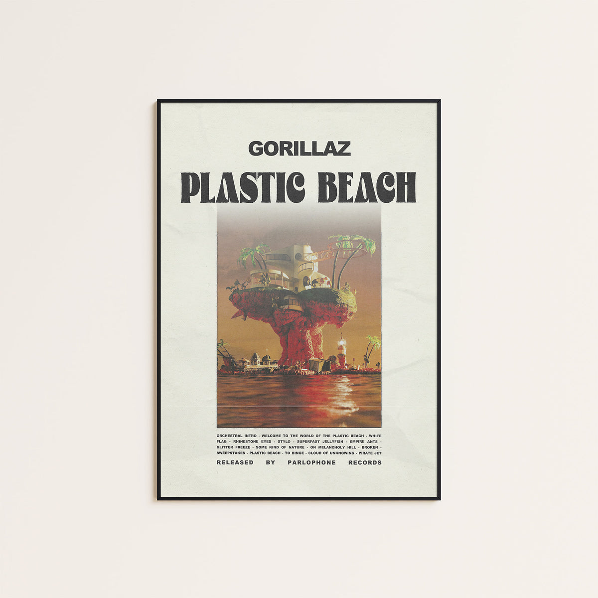 Gorillaz Plastic Beach newspaper poster — black frame display