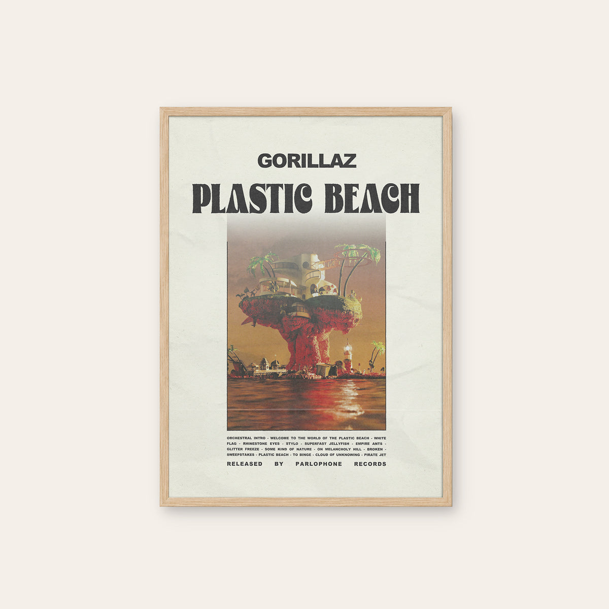 Gorillaz Plastic Beach newspaper poster — natural wood frame