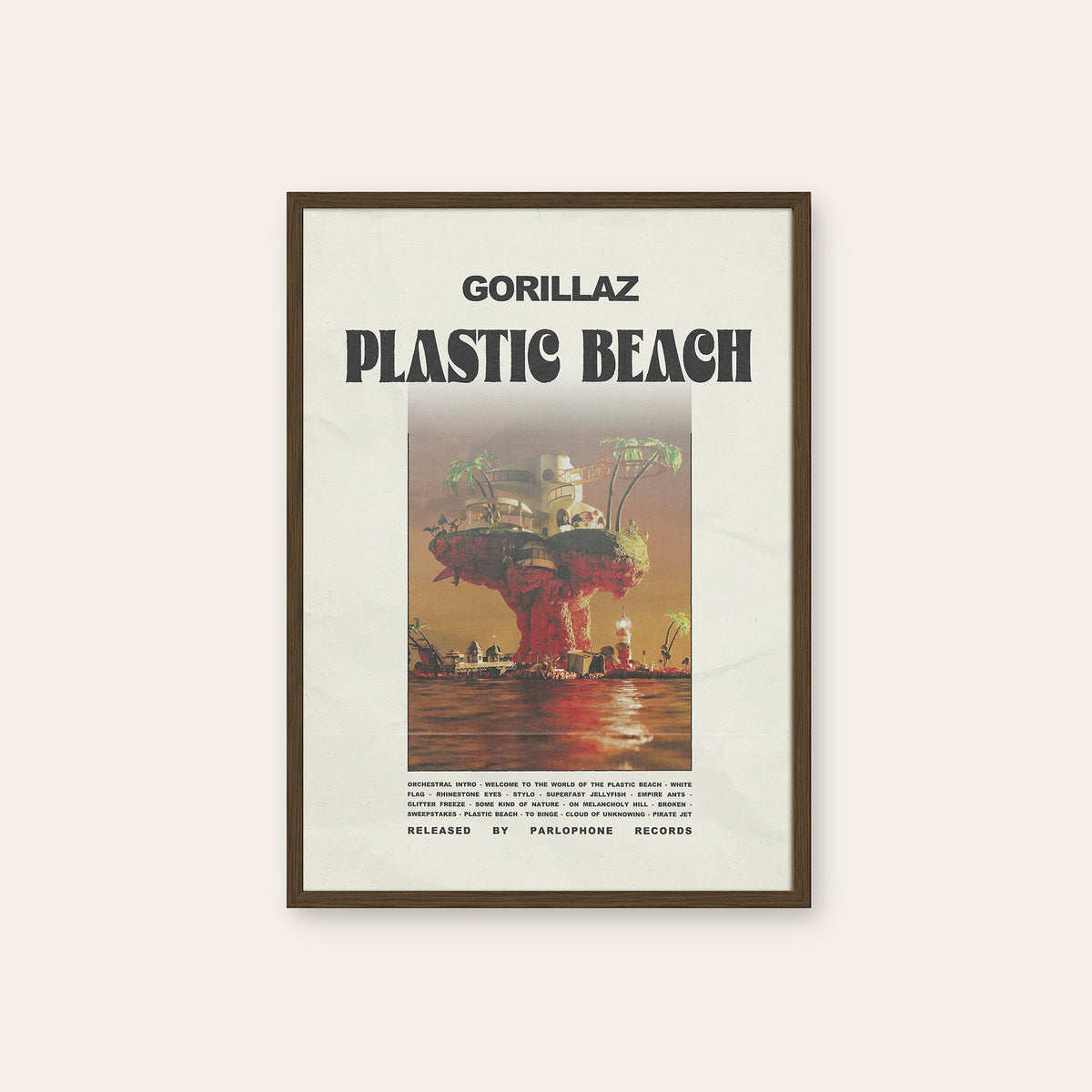 Gorillaz Plastic Beach newspaper poster — dark wood frame