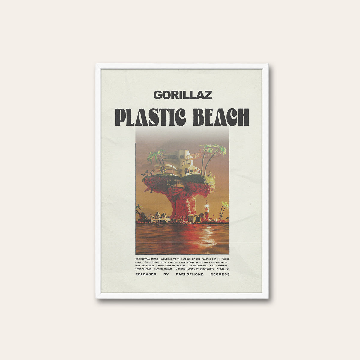 Gorillaz Plastic Beach newspaper poster — white frame