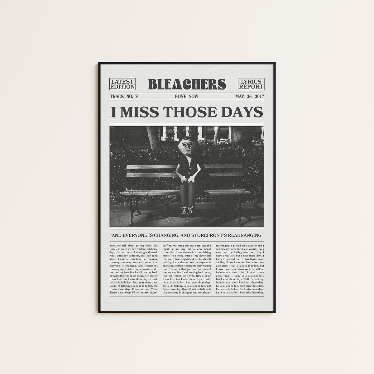 Bleachers I Miss Those Days newspaper poster — black frame display