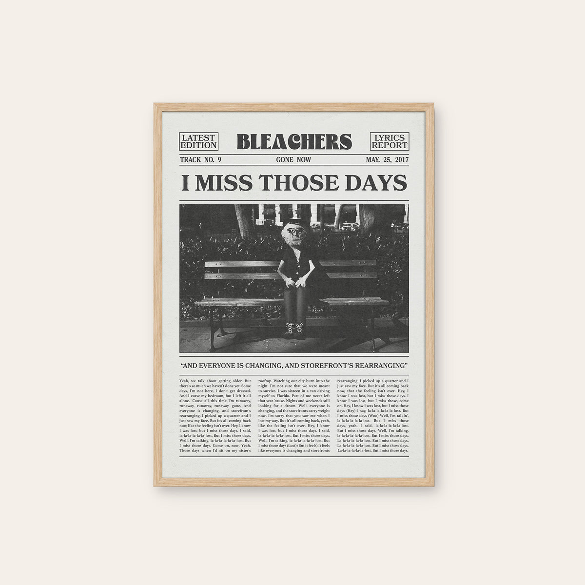 Bleachers I Miss Those Days newspaper poster — natural wood frame