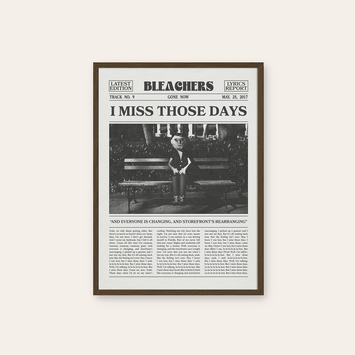 Bleachers I Miss Those Days newspaper poster — dark wood frame
