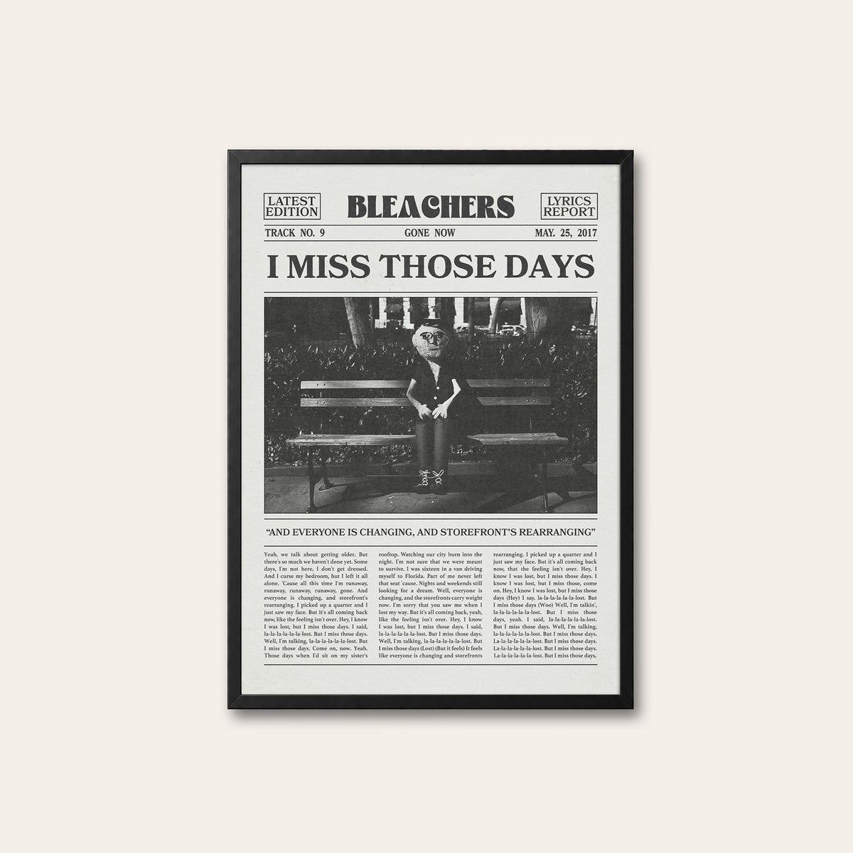 Bleachers I Miss Those Days newspaper poster — black frame