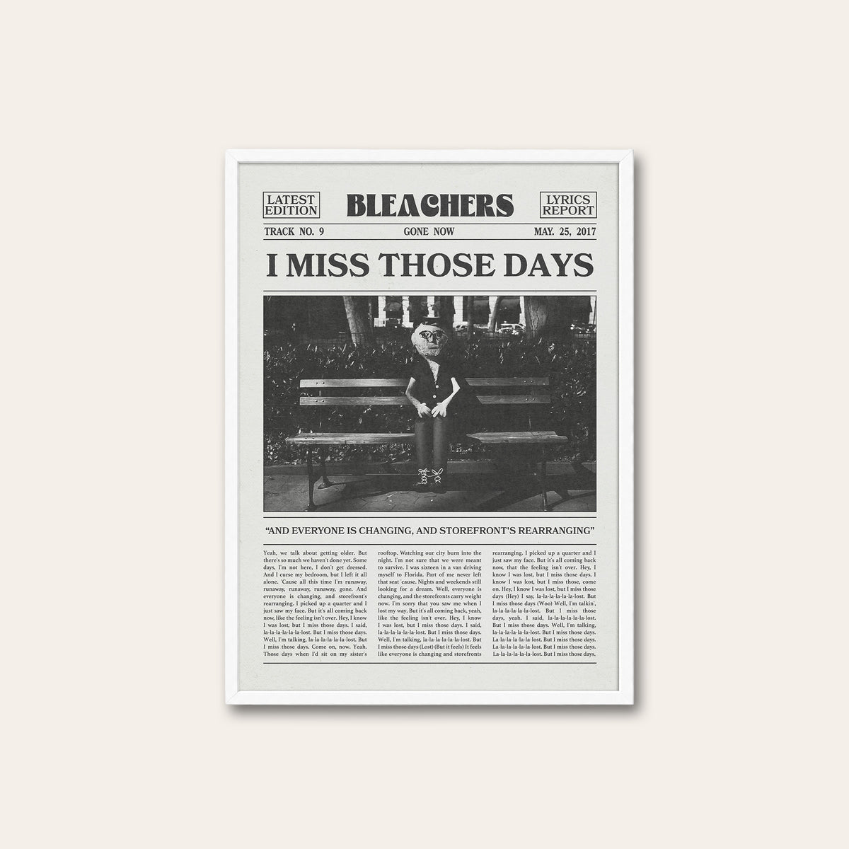 Bleachers I Miss Those Days newspaper poster — white frame
