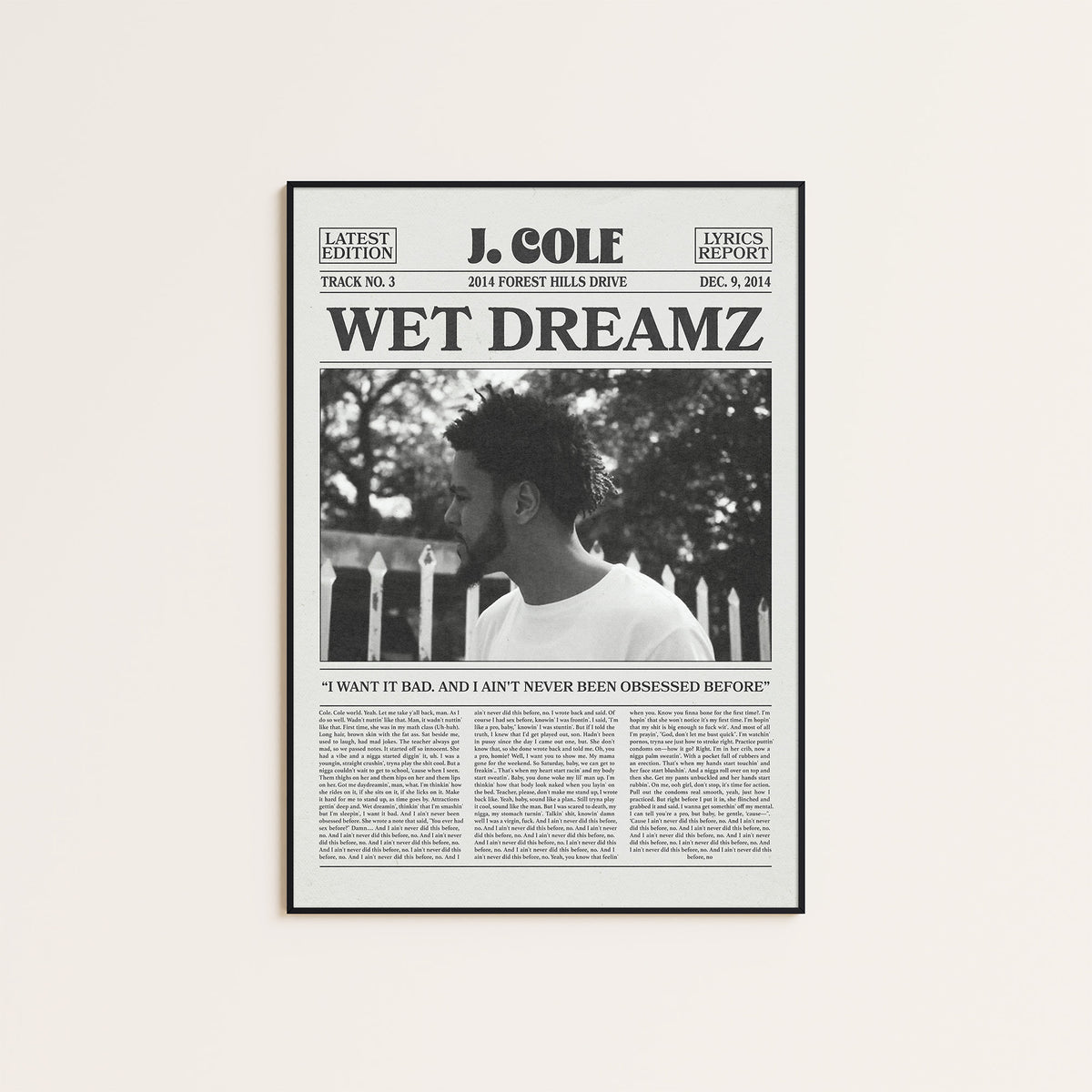 J. Cole Wet Dreamz newspaper poster — black frame display