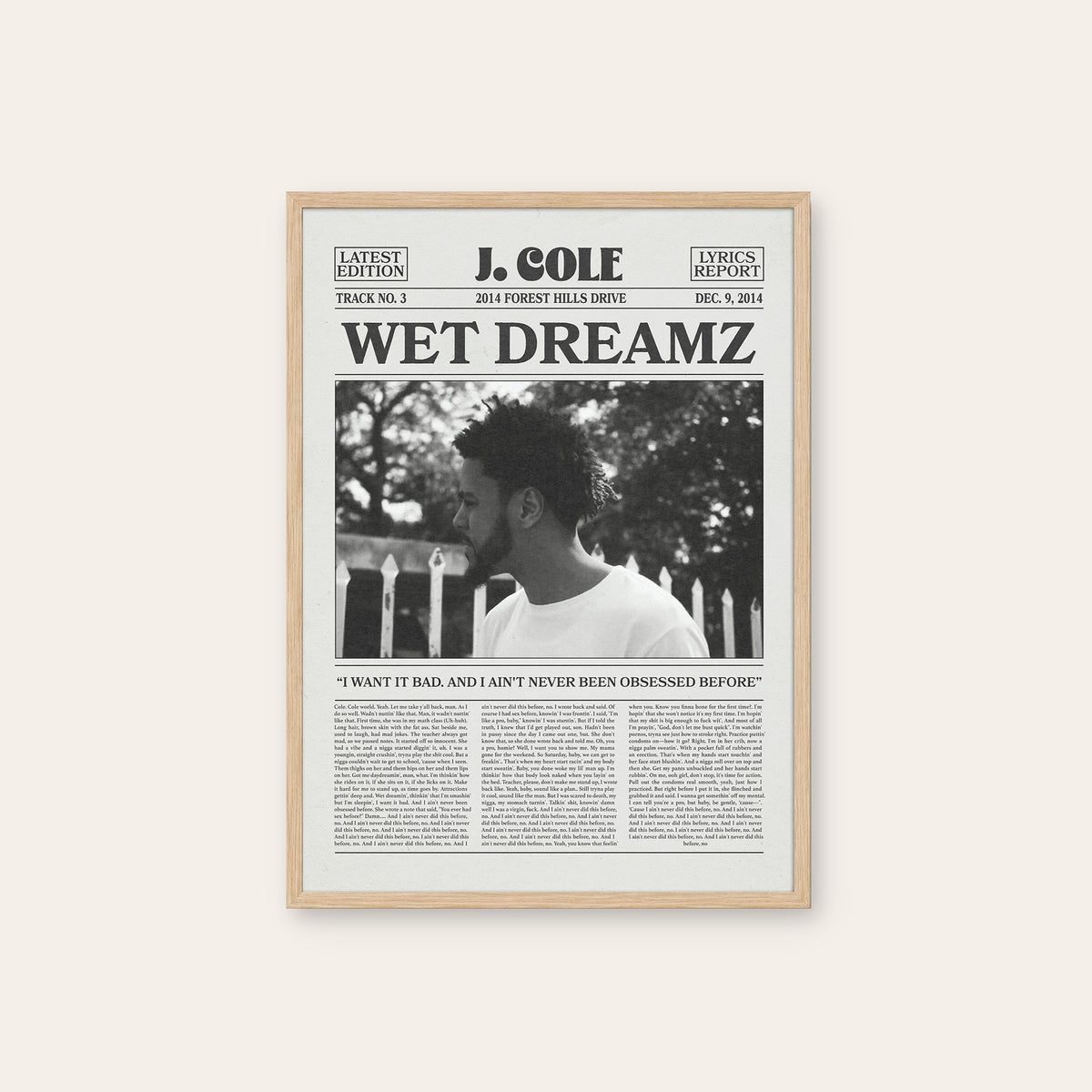 J. Cole Wet Dreamz newspaper poster — natural wood frame