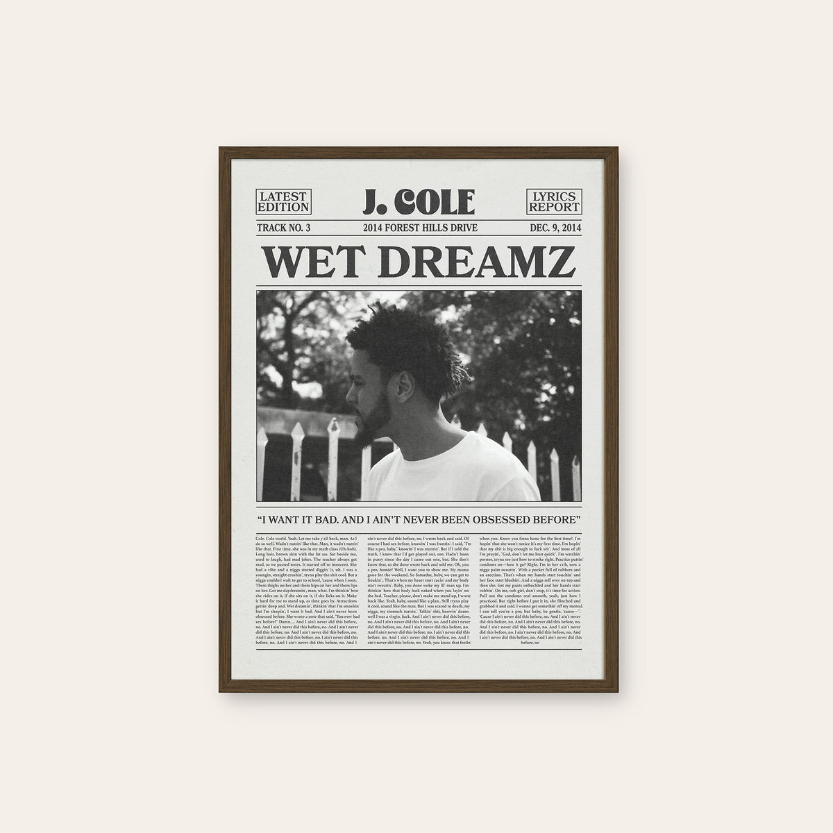 J. Cole Wet Dreamz newspaper poster — dark wood frame