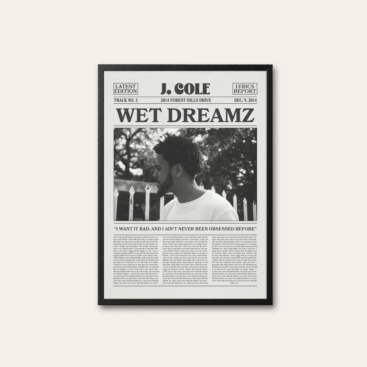 J. Cole Wet Dreamz newspaper poster — black frame
