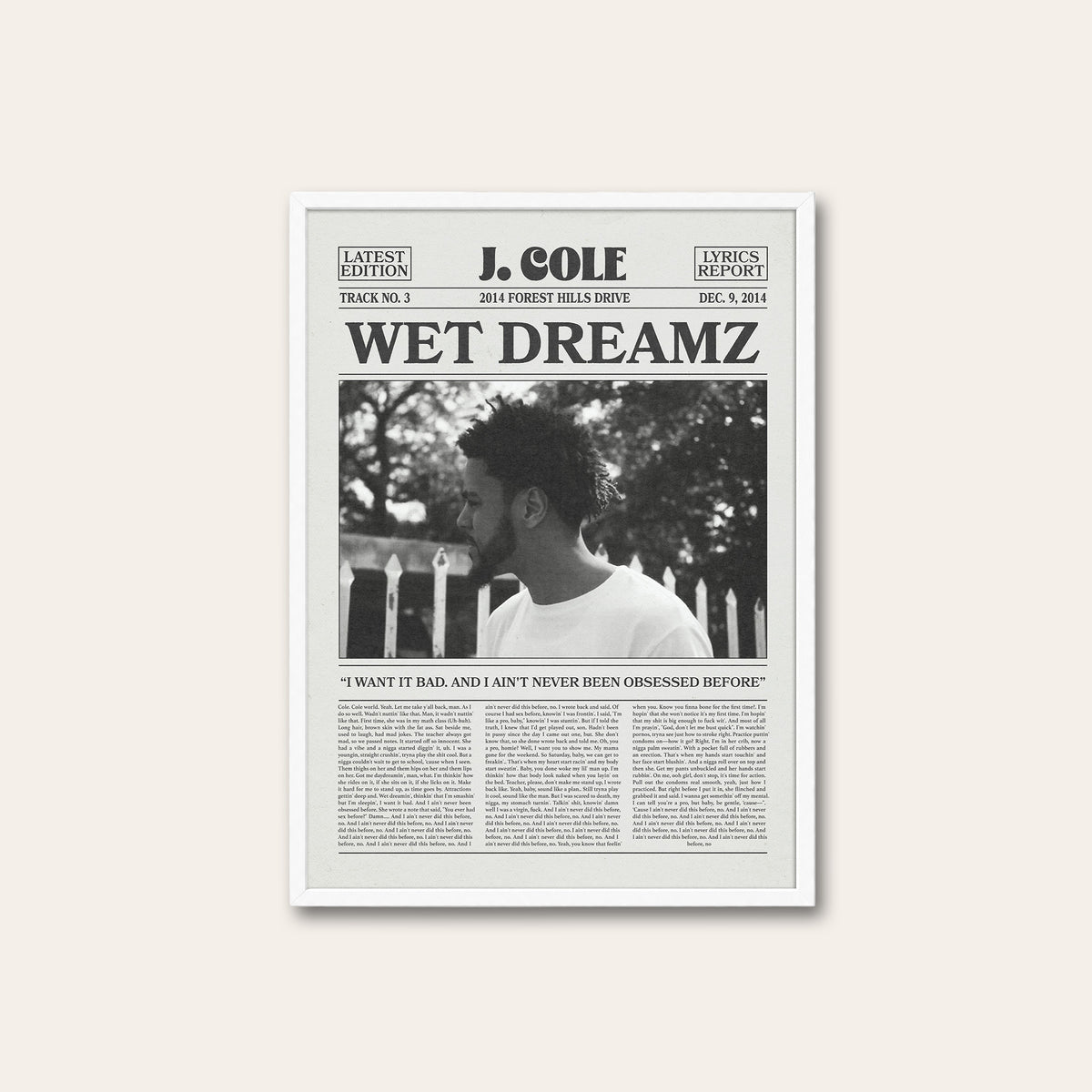 J. Cole Wet Dreamz newspaper poster — white frame