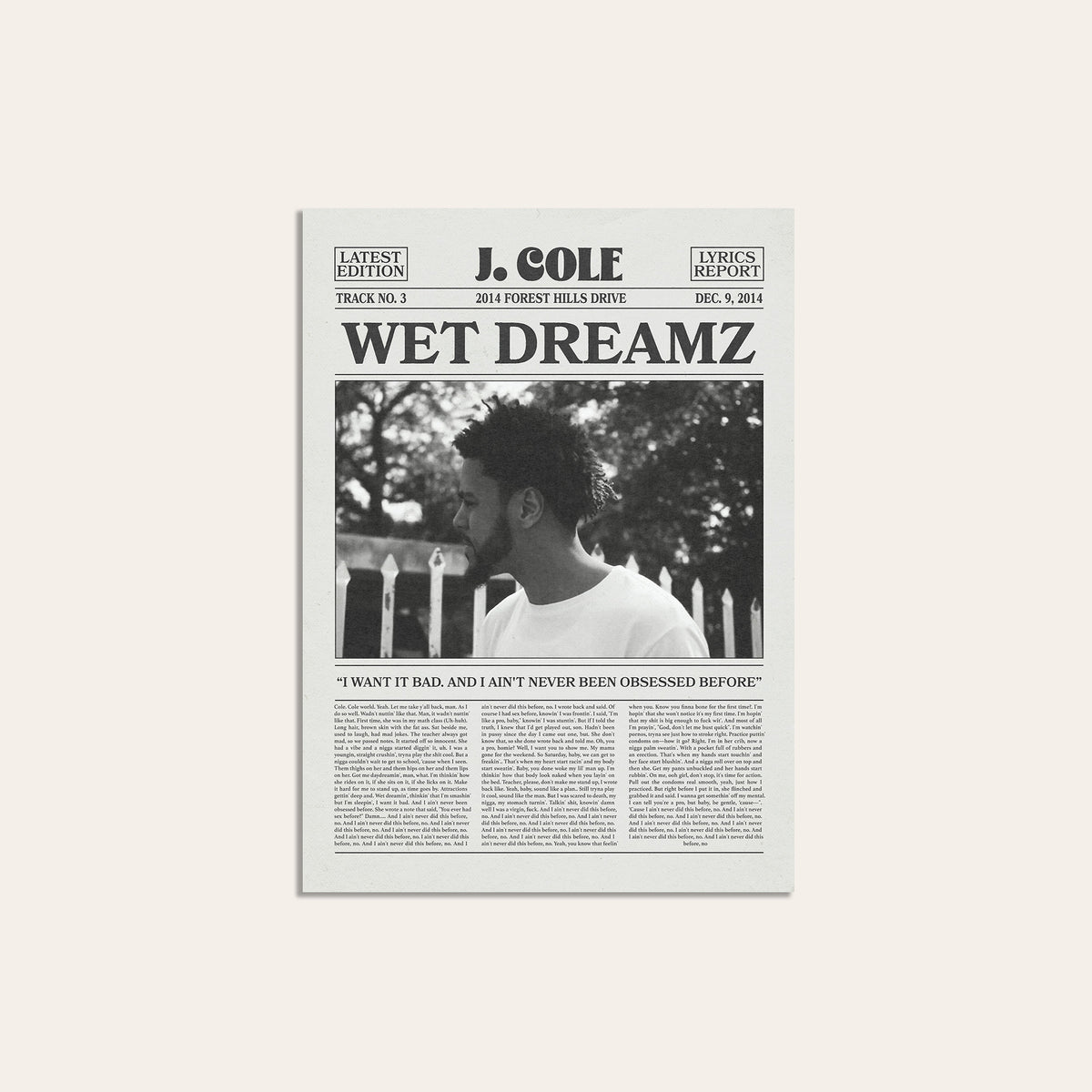J. Cole Wet Dreamz newspaper poster — unframed print