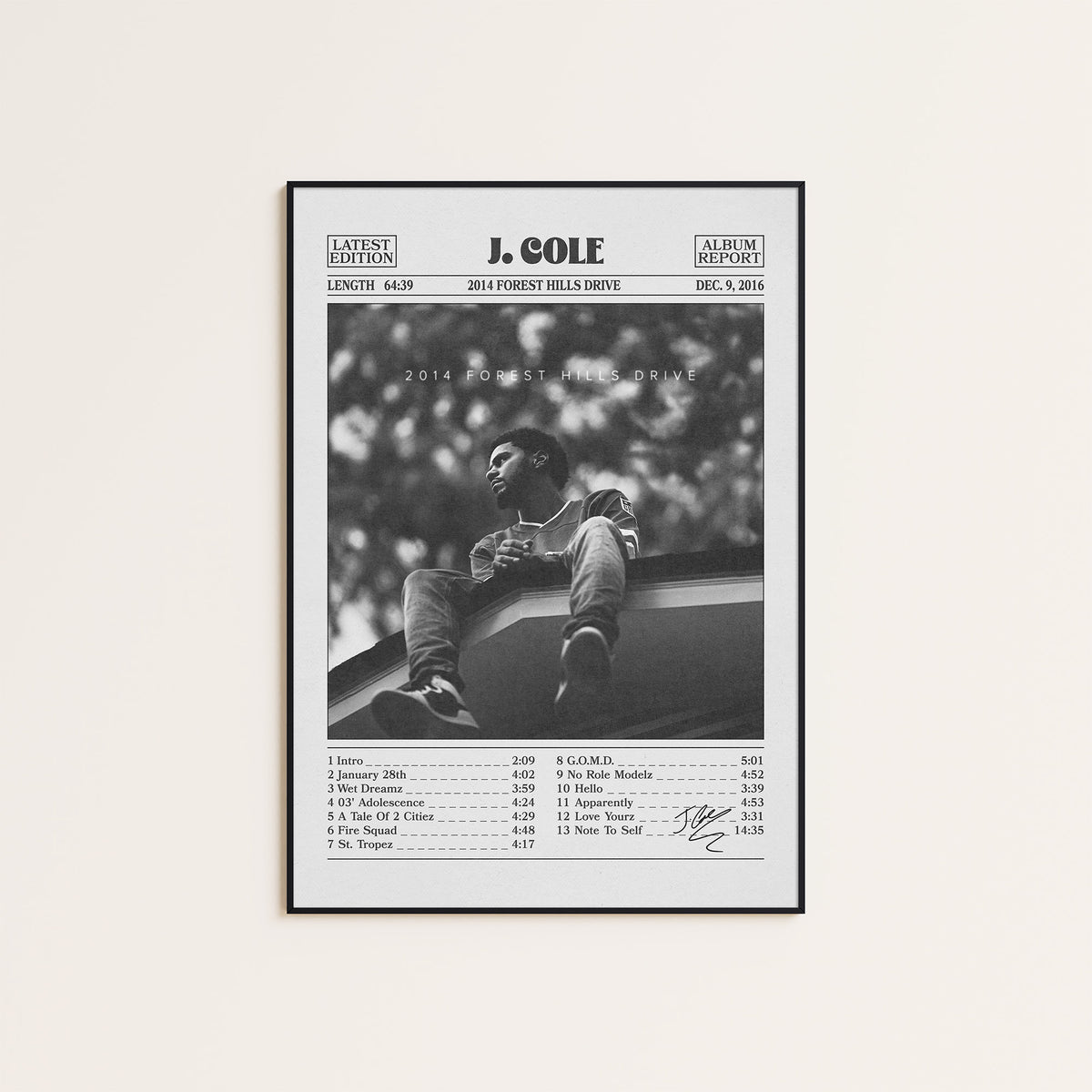 J. Cole 2014 Forest Hills Drive album poster — black frame display