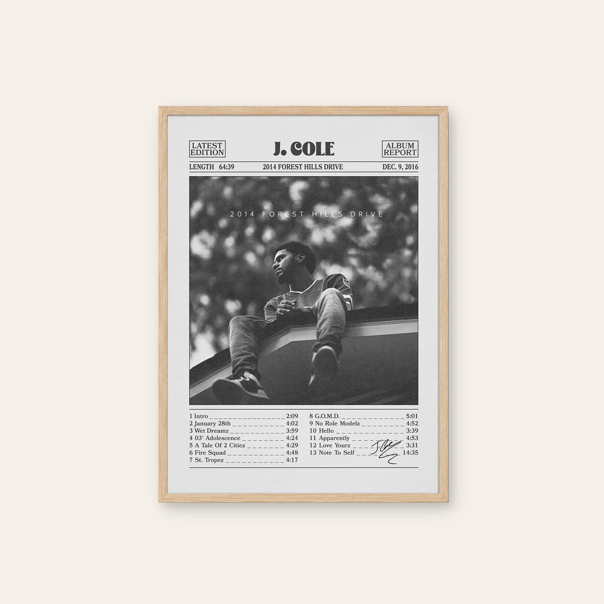 J. Cole 2014 Forest Hills Drive album poster — natural wood frame