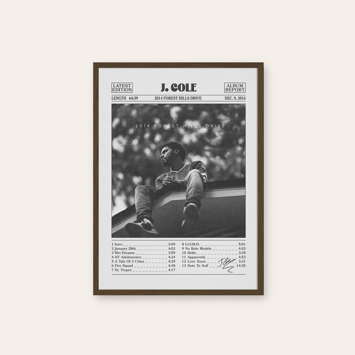 J. Cole 2014 Forest Hills Drive album poster — dark wood frame