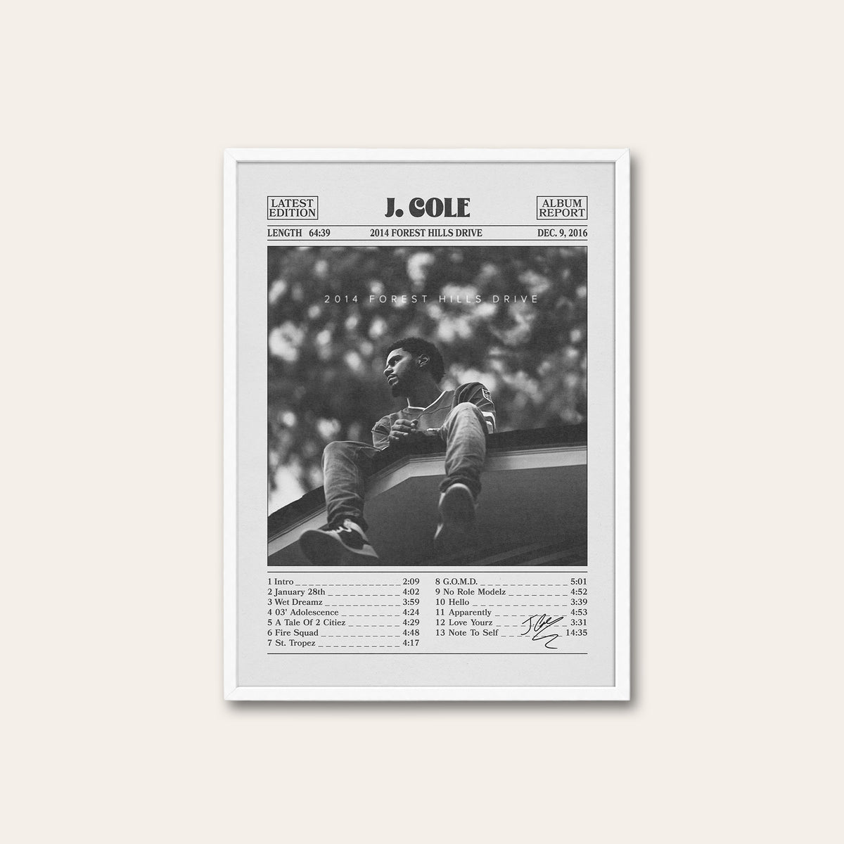 J. Cole 2014 Forest Hills Drive album poster — white frame