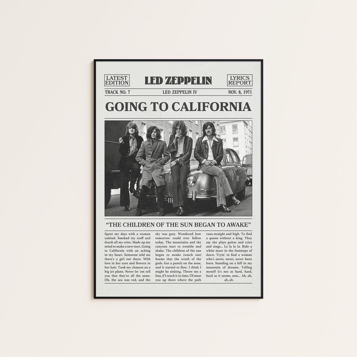 Led Zeppelin Going to California newspaper poster — black frame display