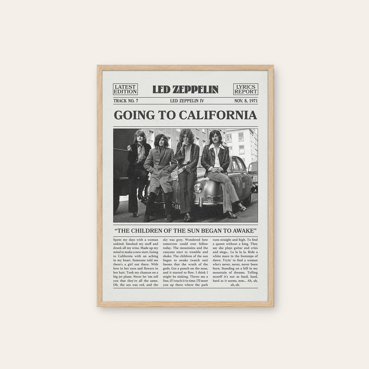 Led Zeppelin Going to California newspaper poster — natural wood frame