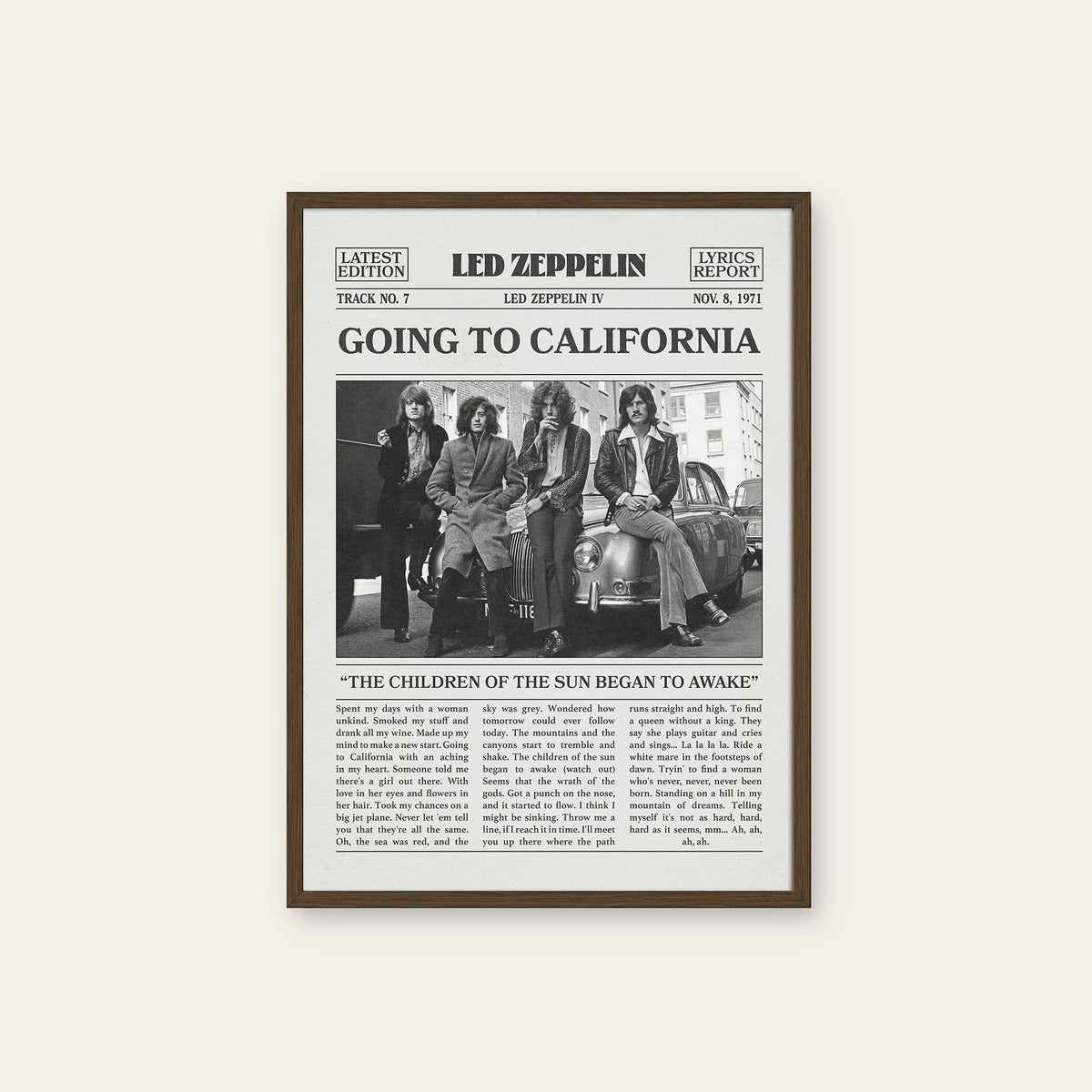 Led Zeppelin Going to California newspaper poster — dark wood frame