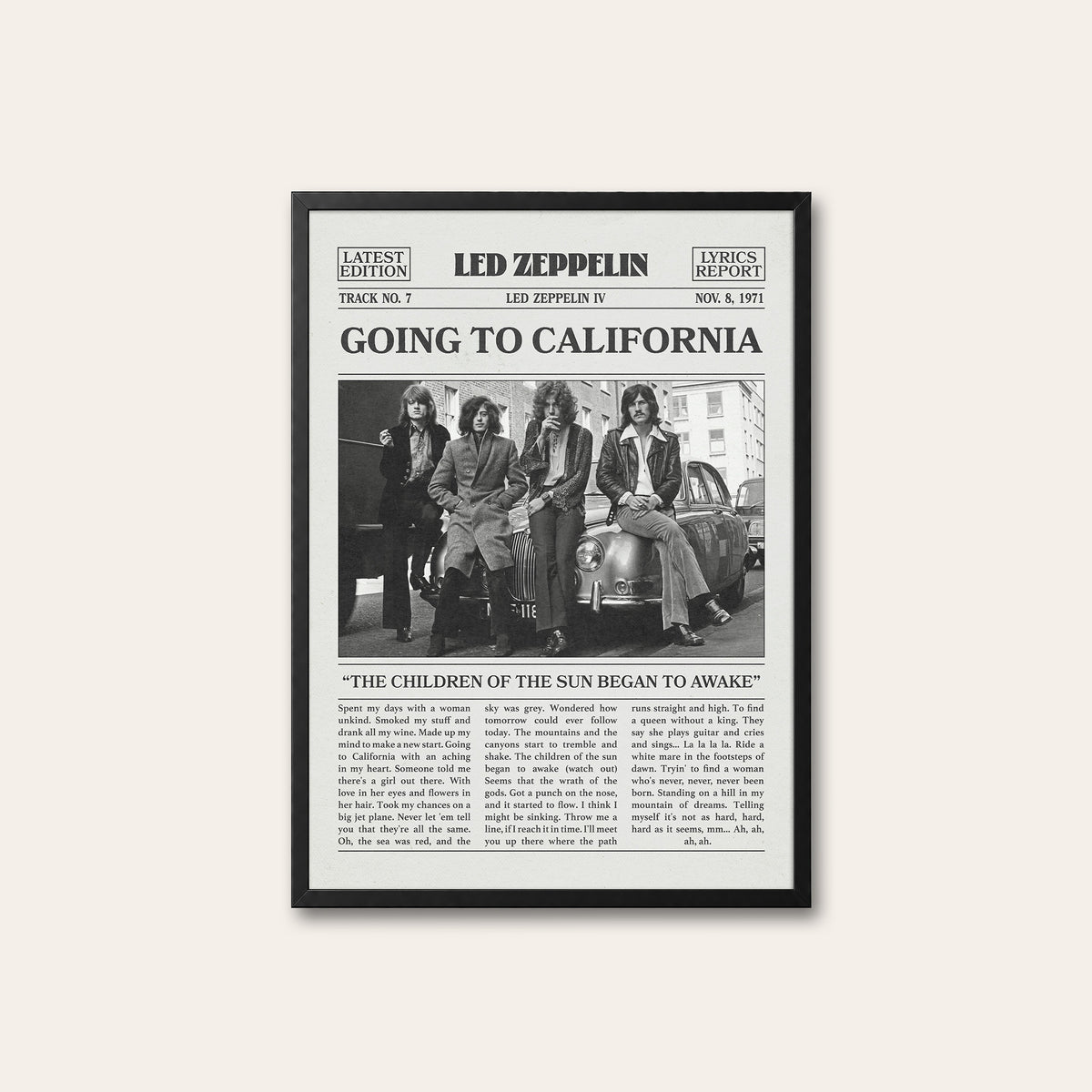 Led Zeppelin Going to California newspaper poster — black frame