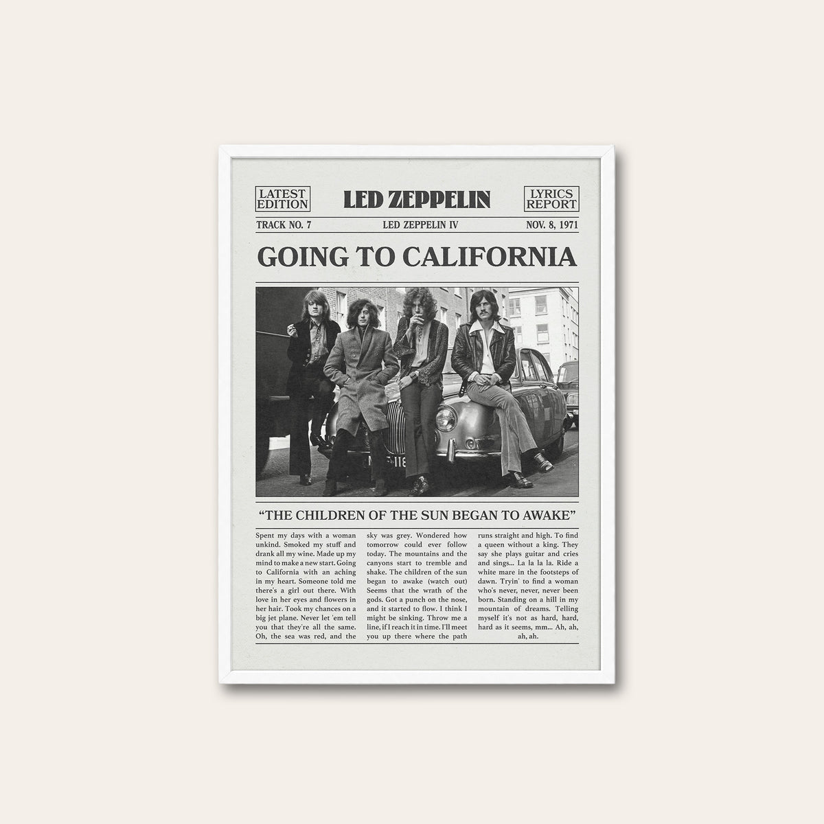 Led Zeppelin Going to California newspaper poster — white frame