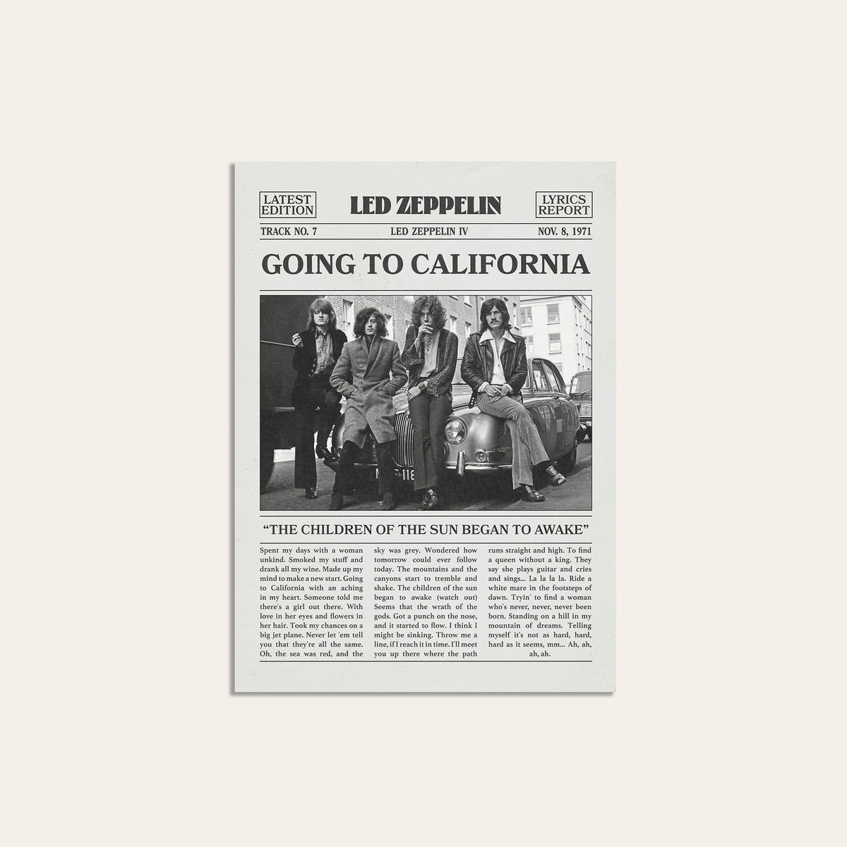 Led Zeppelin Going to California newspaper poster — unframed print