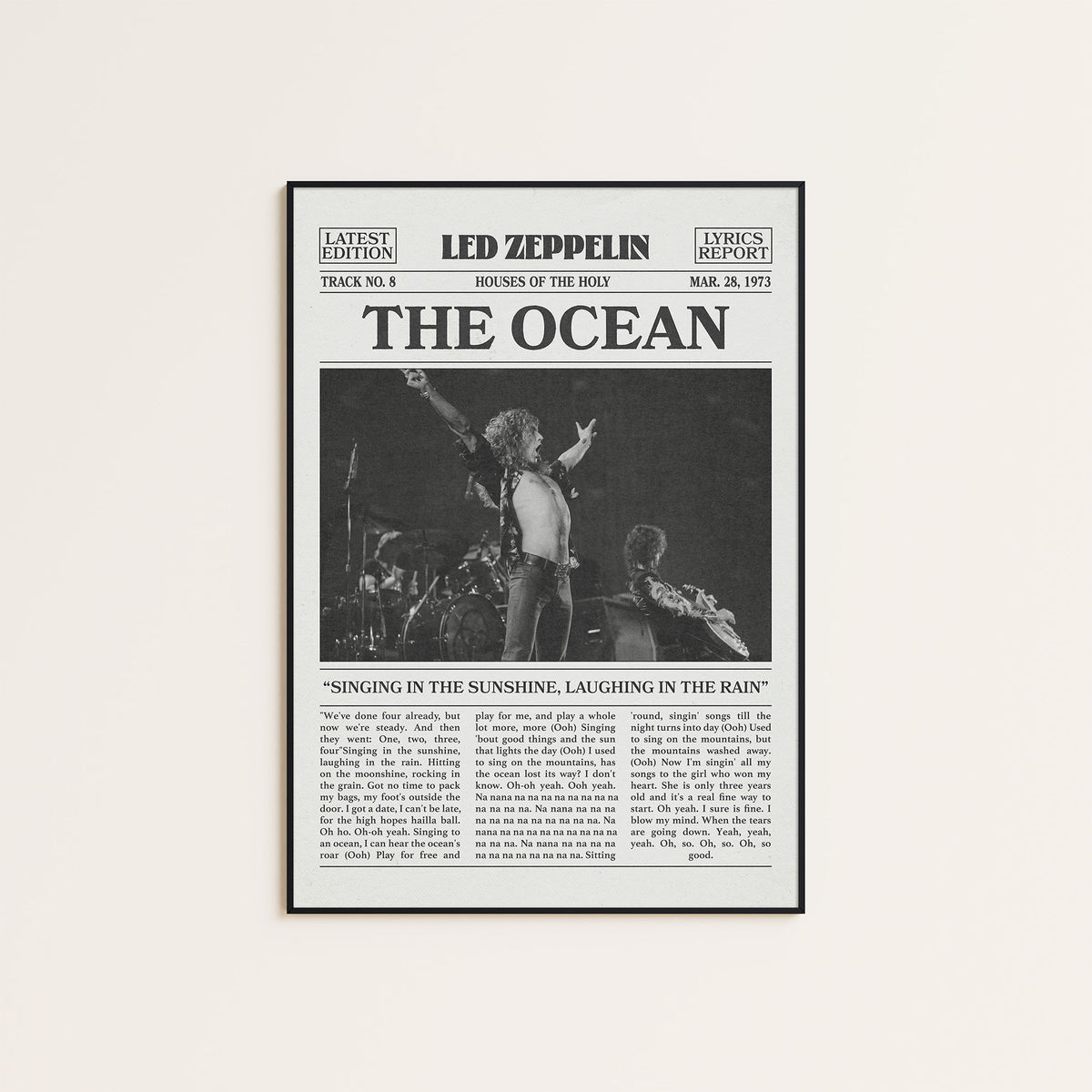 Led Zeppelin The Ocean newspaper poster — black frame display