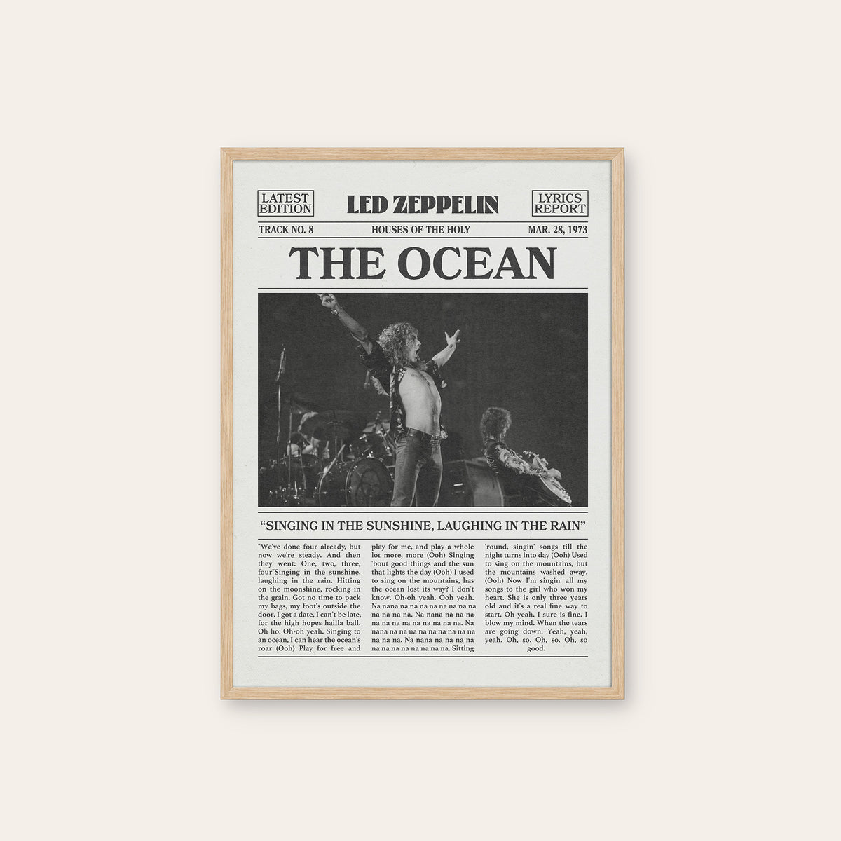 Led Zeppelin The Ocean newspaper poster — natural wood frame