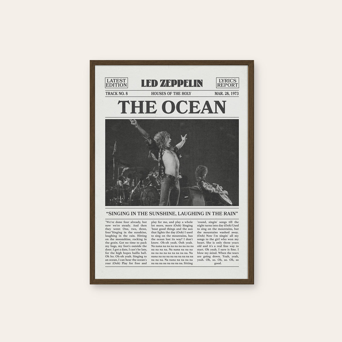 Led Zeppelin The Ocean newspaper poster — dark wood frame