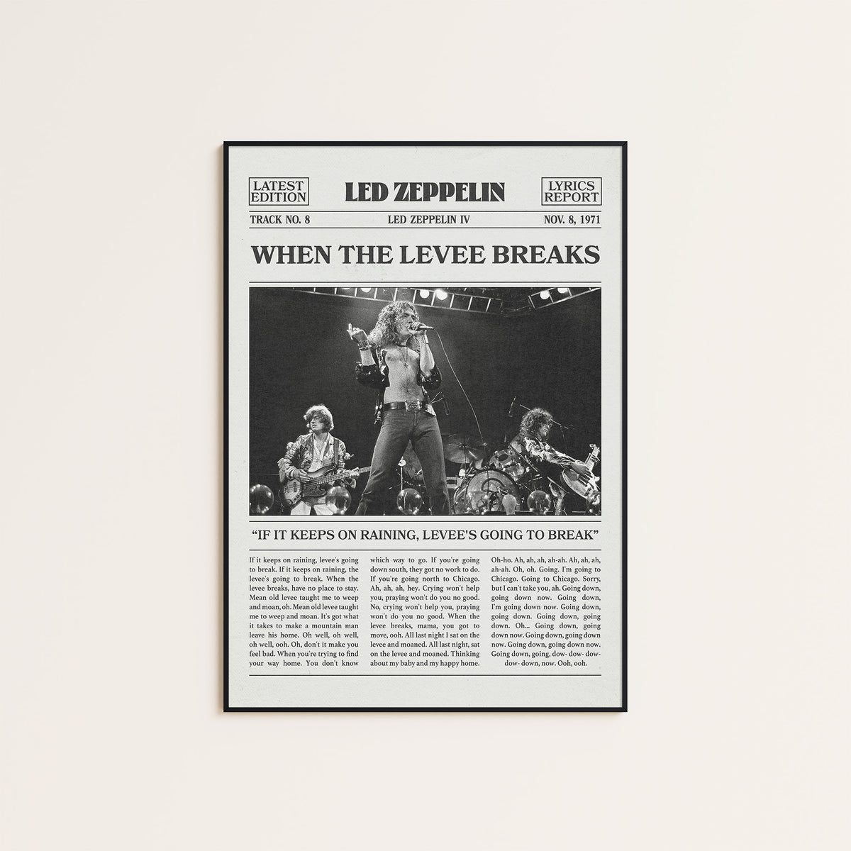 Led Zeppelin When the Levee Breaks newspaper poster — black frame display