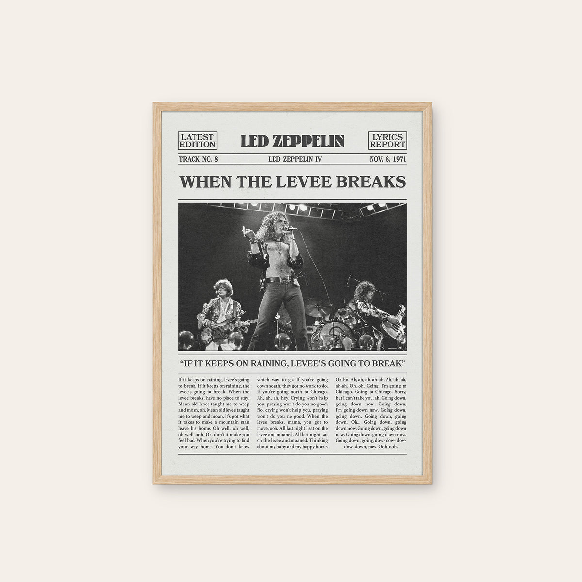 Led Zeppelin When the Levee Breaks newspaper poster — natural wood frame